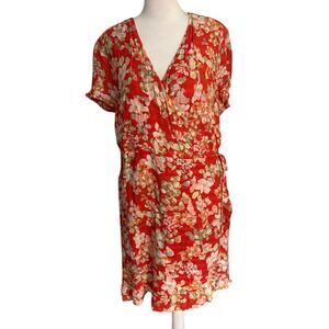 J. Jill Red Floral Flutter‎ Sleeve Wrap Dress Size Large
